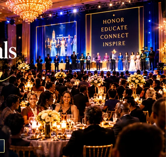 Gala guests seated in a chandelier-lit ballroom