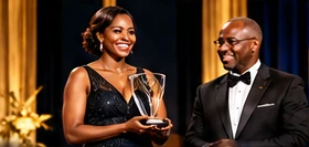Award recipients holding a recognition trophy